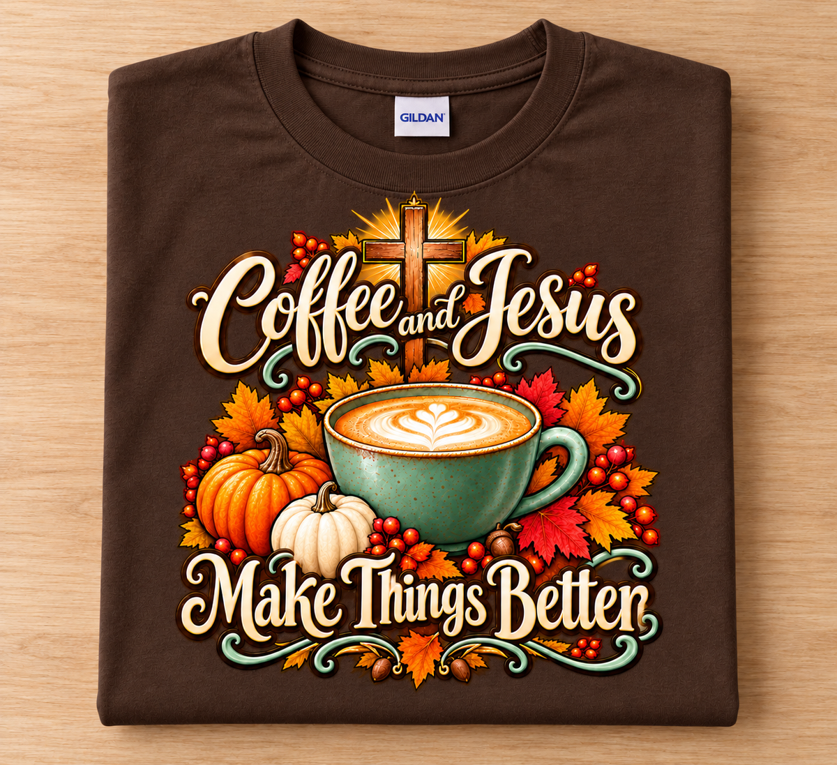 Coffee and Jesus Make Things Better  One Cup – Fall Graphic T-Shirt
