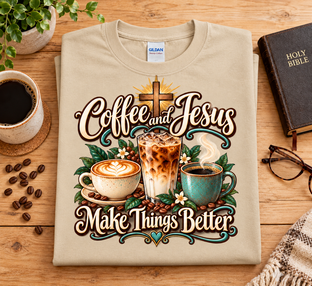 Coffee and Jesus Make Things Better  Three Cups– Fall Graphic T-Shirt