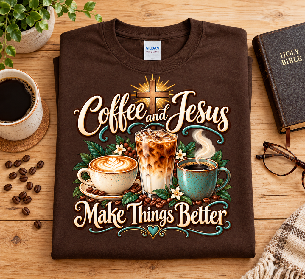 Coffee and Jesus Make Things Better  Three Cups– Fall Graphic T-Shirt