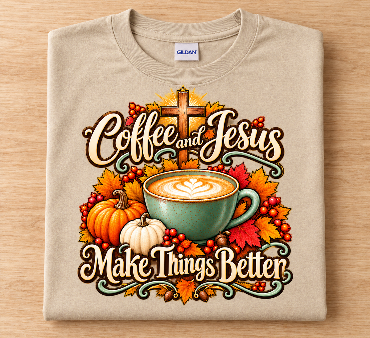 Coffee and Jesus Make Things Better  One Cup – Fall Graphic T-Shirt